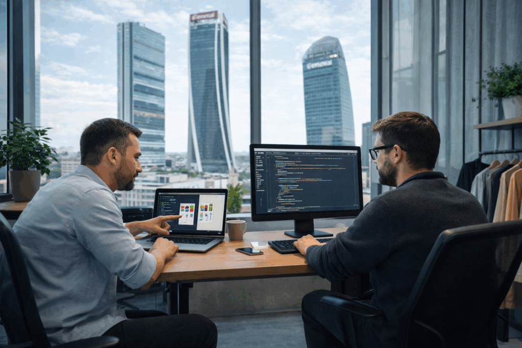 con lo sfondo di Milano gli sviluppatori di Aram seduti alla scrivania sviluppano il software