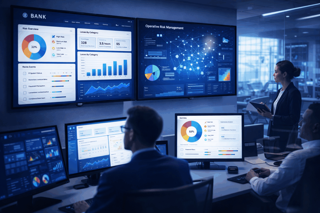 ced banca con persone davanti a schermi con grafici di analisi dei rischi