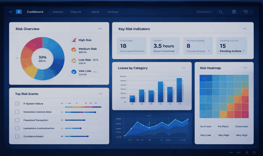 dashboard con numeri e grafici su schermo per gerione rischio operativo